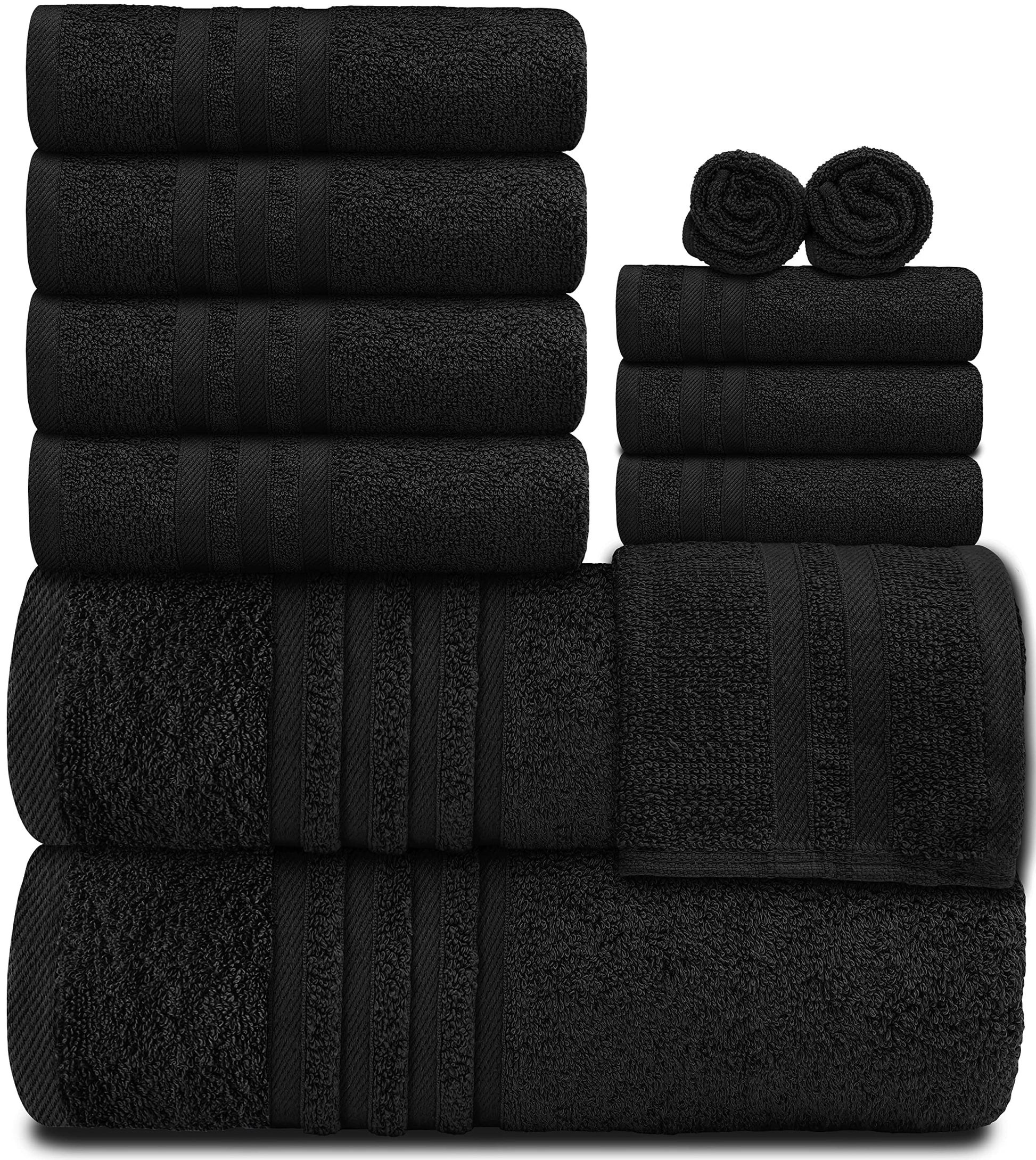12 Piece Bath Towel Set for Bathroom - Wealuxe Collection 2 Bath Towels, 4 Hand Towels, 6 Washcloths 100% Cotton Soft and Plush Highly Absorbent, Soft Towel for Hotel & Spa - Black