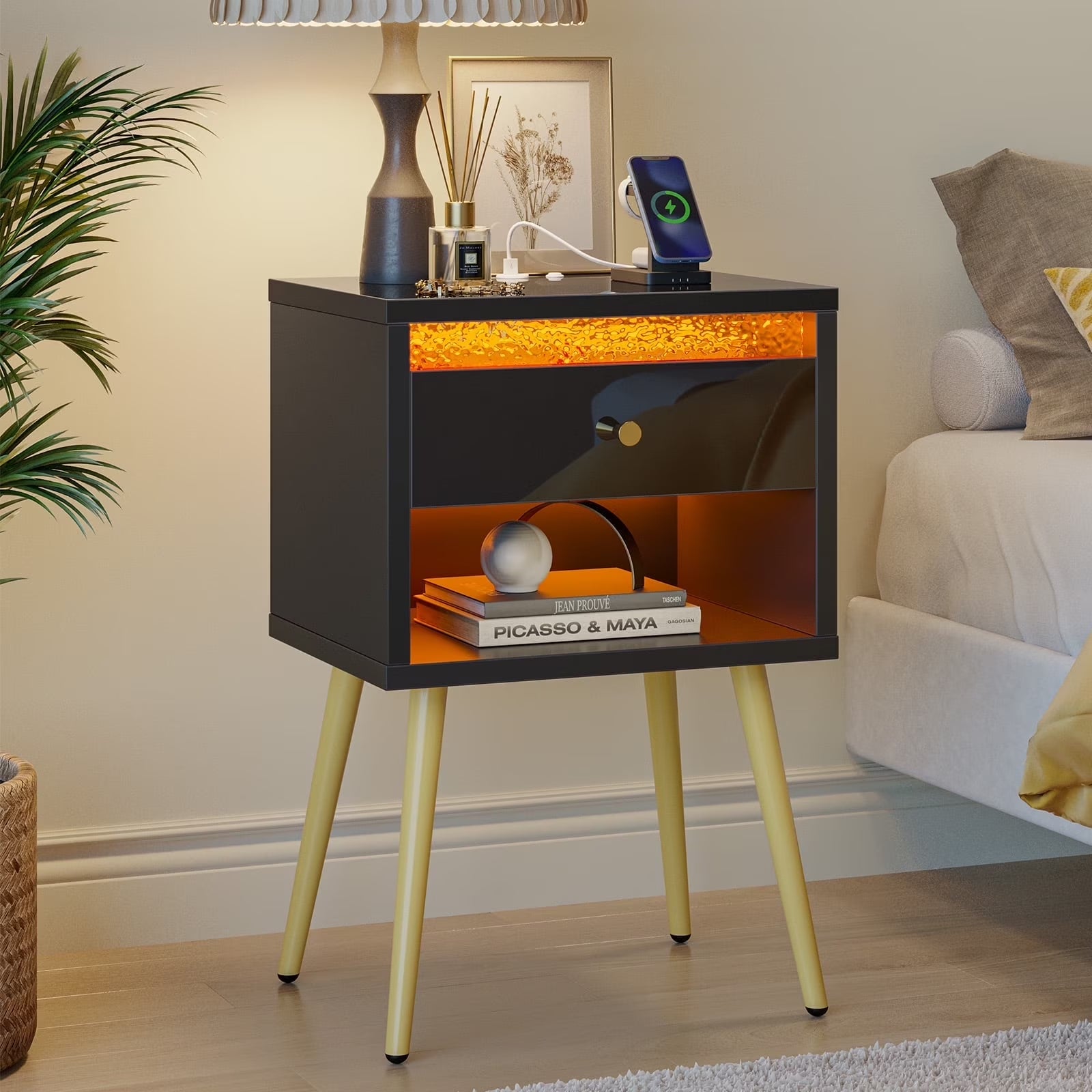 LED Nightstand with Charging Station, Modern End Side Table with Drawer and Open Storage for Bedroom, Black