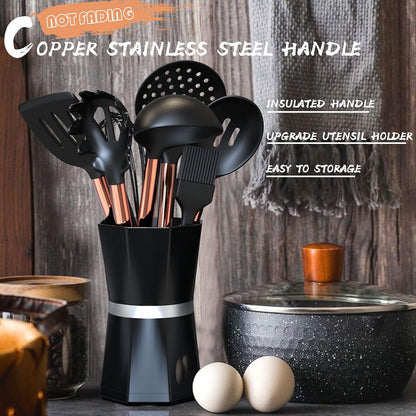 Silicone Cooking Utensil Set,  Kitchen Utensils with Copper Stainless Steel Handle, 26 Pcs Kitchen Spatula Set, Non-Stick Heat Resistant Silicone, Best Kitchen Gadget Tools Set - Black