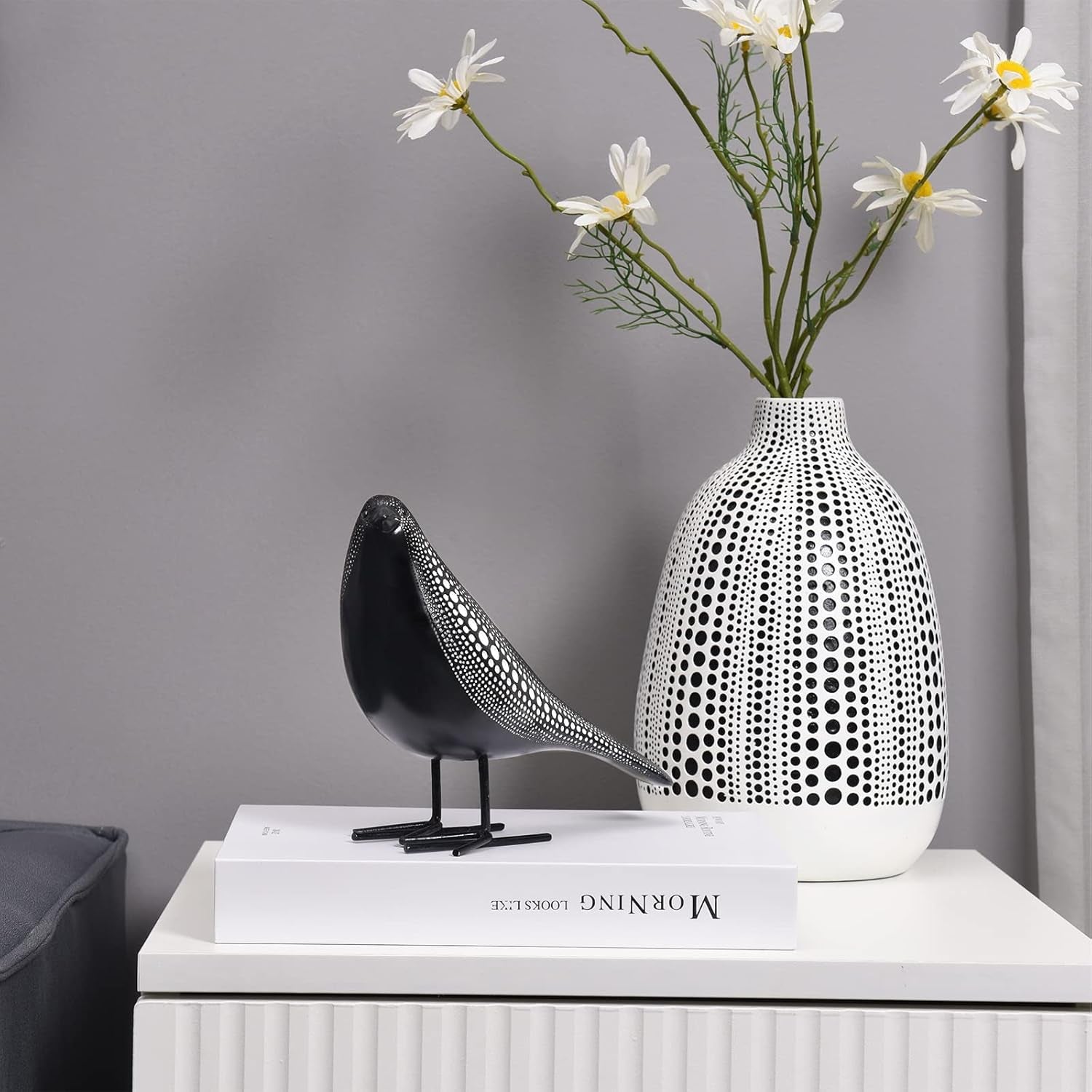 Sculptures Home Decor, Bird Figurine Shelf Decor, Modern Decorations for Living Room, Bedroom, Office, House, Resin Animal Statues and Figurine with Chic Polka Dots Art Design (Black)