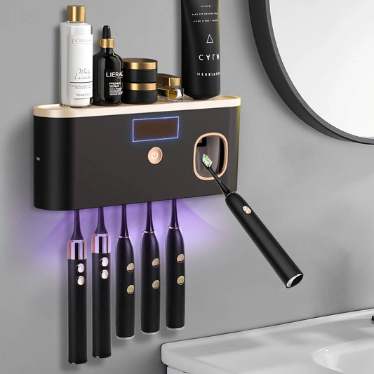 UV Toothbrush Sanitizer Wall Mounted with Toothpaste Dispenser, Large Capacity Tray, Tooth Brushing Holder & Bathroom Accessories