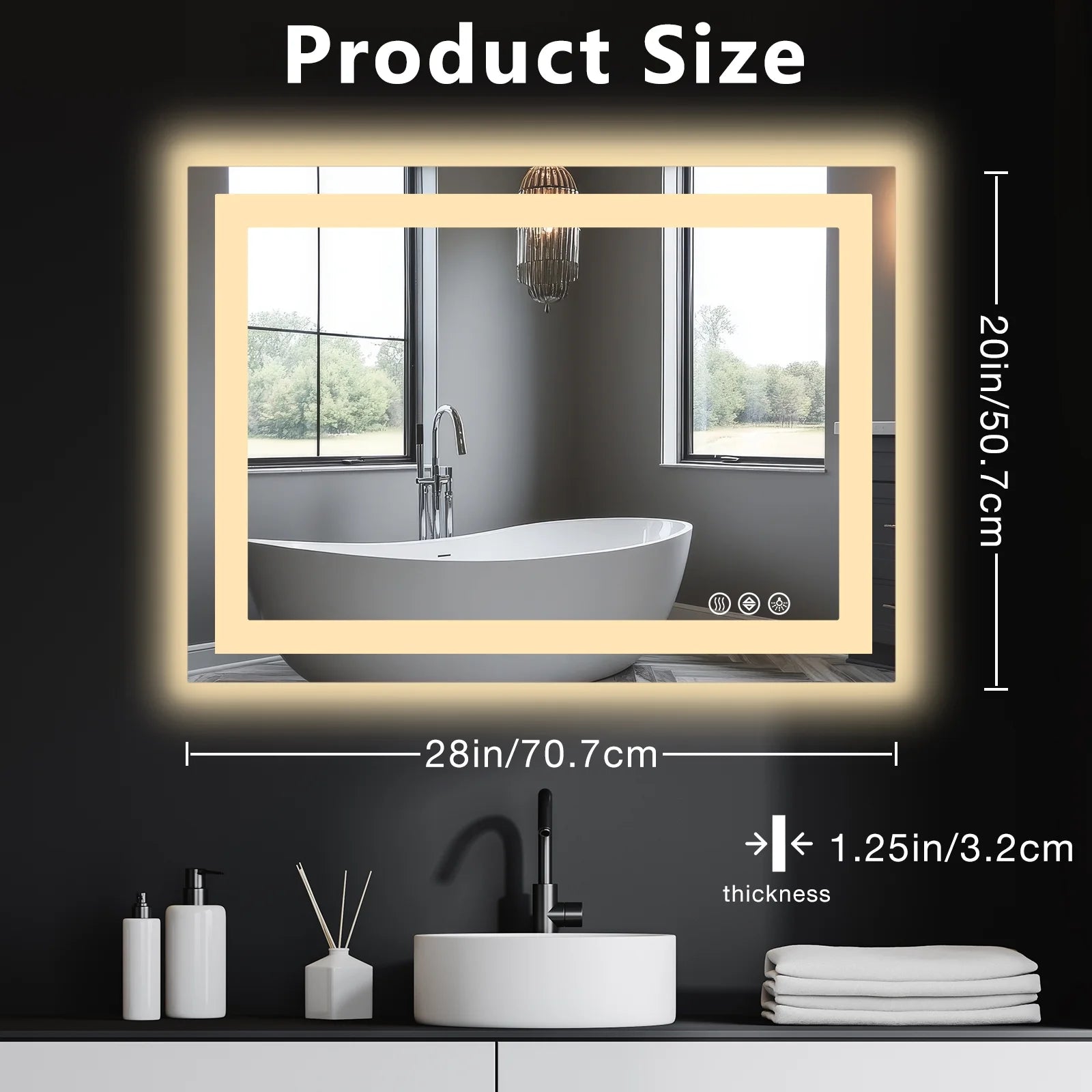 20"X28" Anti-Fog LED Bathroom Mirror - Dual Light Source, Three Lighting Modes, White