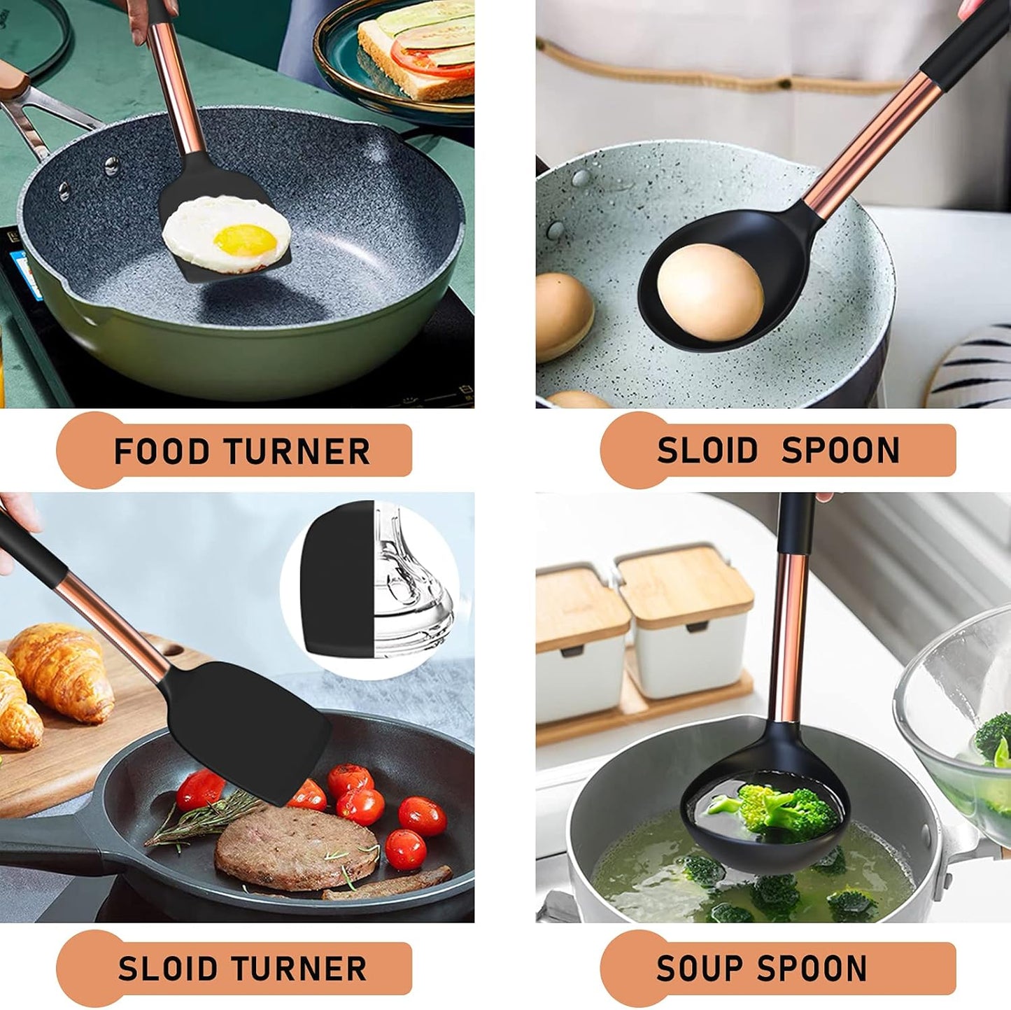 Silicone Cooking Utensil Set,  Kitchen Utensils with Copper Stainless Steel Handle, 26 Pcs Kitchen Spatula Set, Non-Stick Heat Resistant Silicone, Best Kitchen Gadget Tools Set - Black