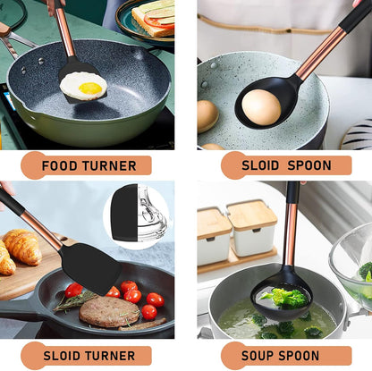 Silicone Cooking Utensil Set,  Kitchen Utensils with Copper Stainless Steel Handle, 26 Pcs Kitchen Spatula Set, Non-Stick Heat Resistant Silicone, Best Kitchen Gadget Tools Set - Black