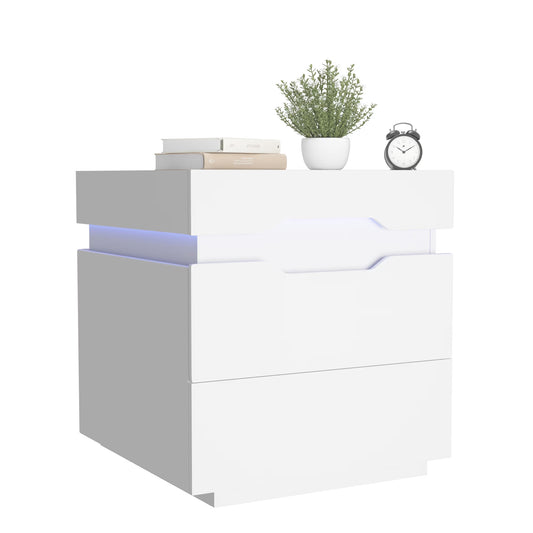 LED Nightstand 2 Drawers Bedside End Tale with Remote and Charging Ports, White