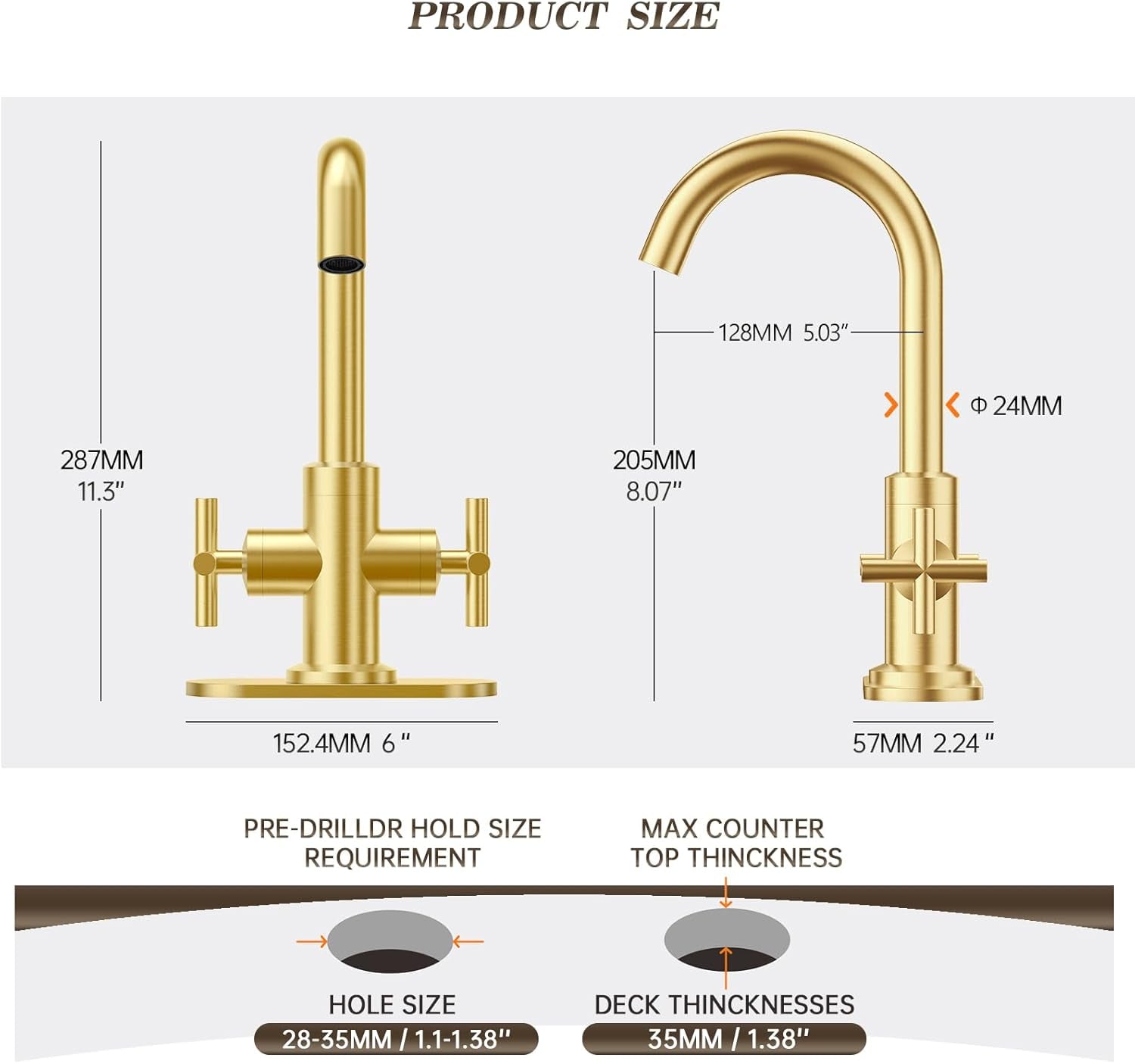 Brushed Gold Bathroom Sink Faucet, 4 Inch Single Hole or 3 Hole Centerset Vanity Faucet, with Swivel 360 Degree Spout, Pop up Drain and Water Supply Line, SGF0310-BG