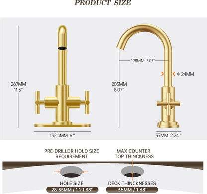 Brushed Gold Bathroom Sink Faucet, 4 Inch Single Hole or 3 Hole Centerset Vanity Faucet, with Swivel 360 Degree Spout, Pop up Drain and Water Supply Line, SGF0310-BG