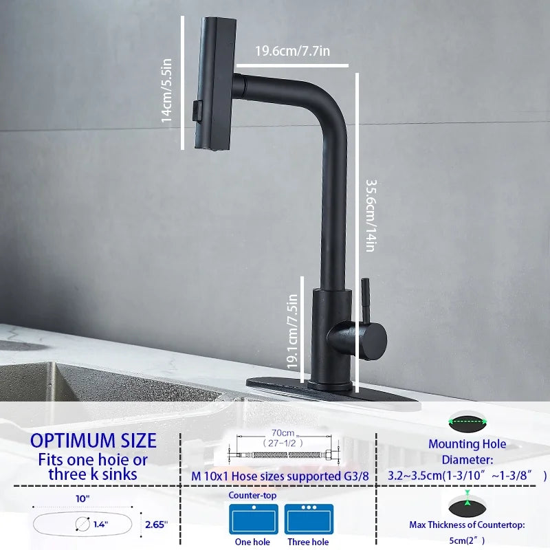 Black Kitchen Faucets with Pull down Sprayer,Waterfall Kitchen Sink Faucet,Commercial Utility Stainless Steel Kitchen Faucets,Single Handle Kitchen Sink Faucet with Pull down Sprayer for 3 Function