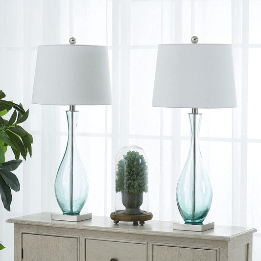 31" Coastal Glass Table Lamps Set of 2 for Living Room, Blue Bedside Lamp with USB Ports Modern Glass Bedroom Lamps with White Fabric Drum Shade for Nightstand