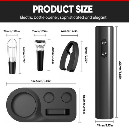 Electric Wine Opener 5-In-1,Automatic Battery Operated Bottle Corkscrew Set with Base, Foil Cutter,Pour,Vacuum Stopper,Cordless, Black