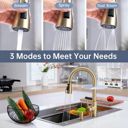 Brushed Gold 2 Hole Kitchen Faucet with Pull down 3 Modes Sprayer, Champagne Gold Kitchen Sink Faucet, High Arch Faucet Kitchen for 1 or 2 Hole Sink, Gold Kitchen Faucet with Soap Dispenser