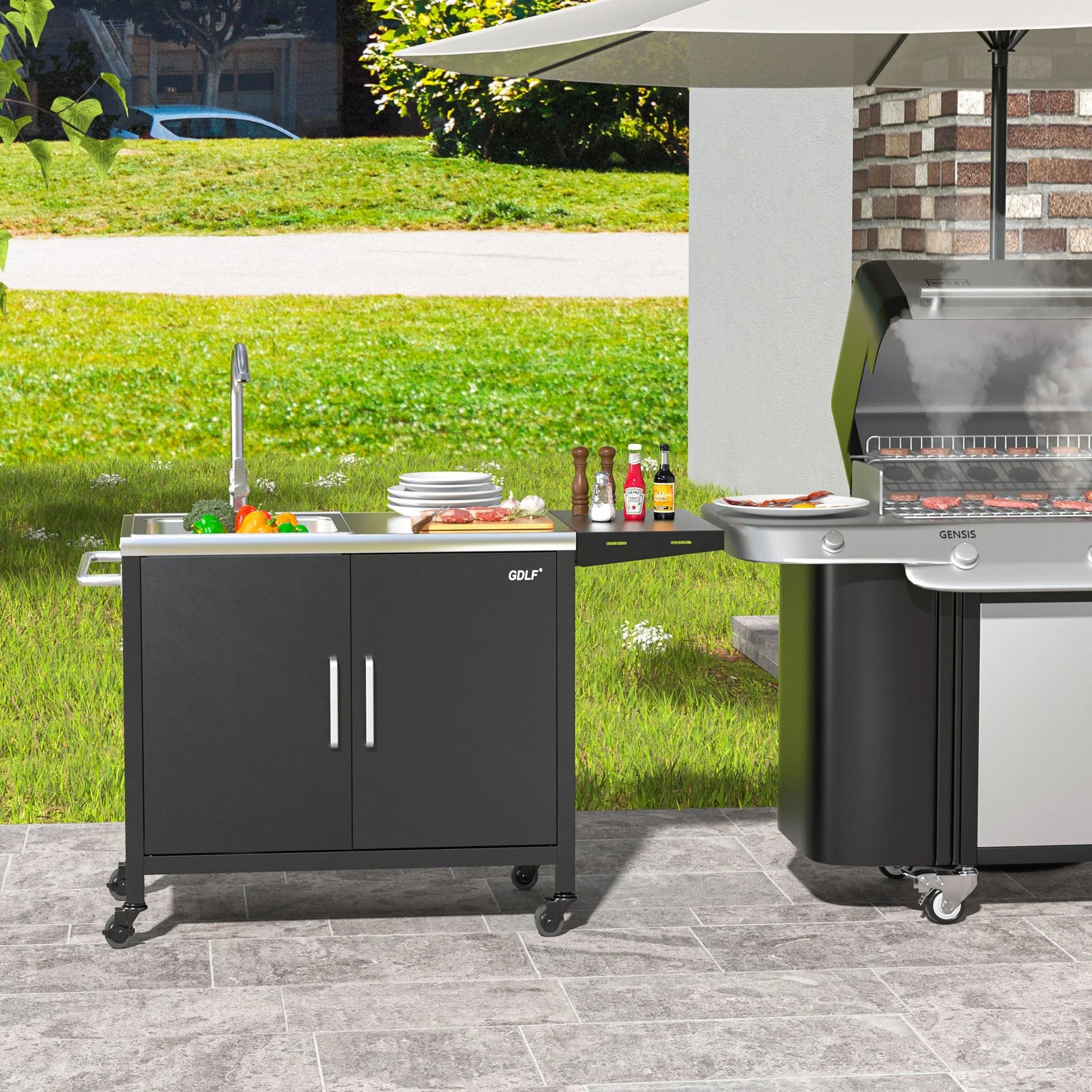 Outdoor Grill Table with Sink,Metal Outdoor Grill Cart, Outdoor Kitchen Island with Stainless Steel Sink