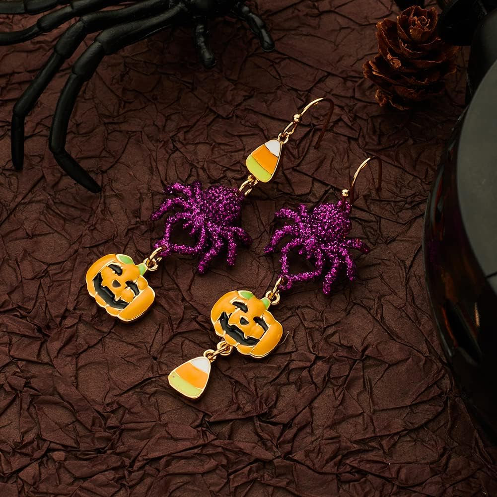 Halloween Earrings for Women Pumpkin Ghost Witch Bat Spider Skull Dangle Earrings Purple Orange Black Earrings
