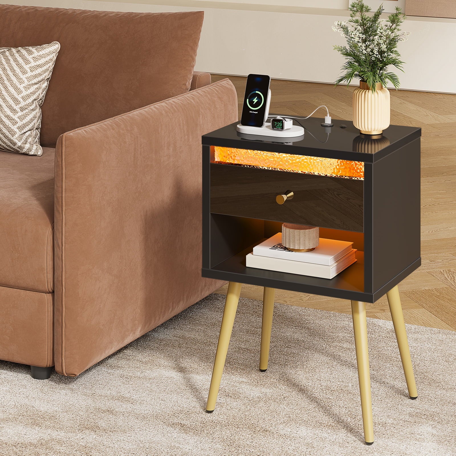 LED Nightstand with Charging Station, Modern End Side Table with Drawer and Open Storage for Bedroom, Black