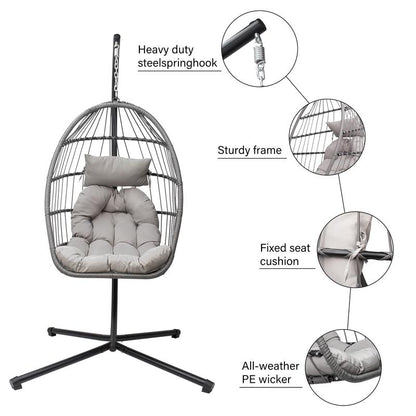 Hanging Egg Chair with Stand, Patio Wicker Hammock Egg Swing Chair with Cushion for Bedroom Garden Indoor Outdoor