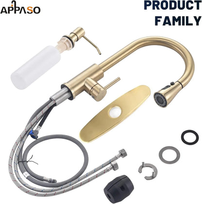 Brushed Gold 2 Hole Kitchen Faucet with Pull down 3 Modes Sprayer, Champagne Gold Kitchen Sink Faucet, High Arch Faucet Kitchen for 1 or 2 Hole Sink, Gold Kitchen Faucet with Soap Dispenser
