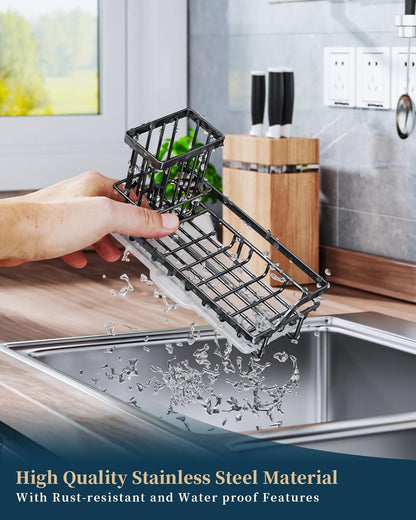 Sponge Holder for Kitchen Sink – Black Stainless Steel Caddy Organizer with Removable Drip Tray for Sponges, Brushes & Soap