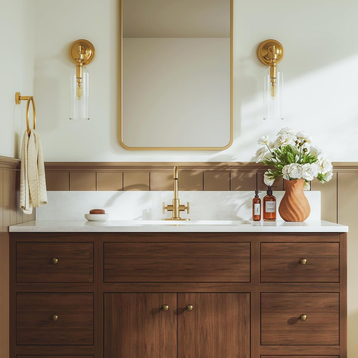 Brushed Gold Bathroom Sink Faucet, 4 Inch Single Hole or 3 Hole Centerset Vanity Faucet, with Swivel 360 Degree Spout, Pop up Drain and Water Supply Line, SGF0310-BG