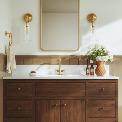 Brushed Gold Bathroom Sink Faucet, 4 Inch Single Hole or 3 Hole Centerset Vanity Faucet, with Swivel 360 Degree Spout, Pop up Drain and Water Supply Line, SGF0310-BG