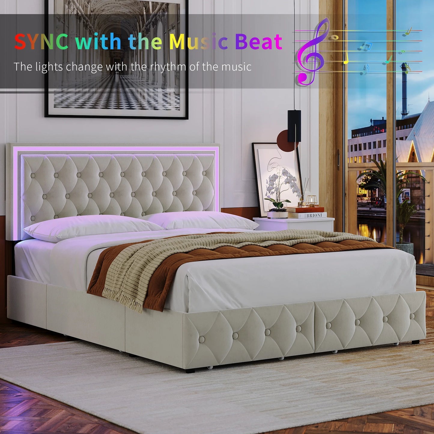 Queen LED Bed with 4 Drawers, LED Lights Platform Storage Bed Frame with Upholstered Adjustable Button Tufted Headboard, Velvet Beige
