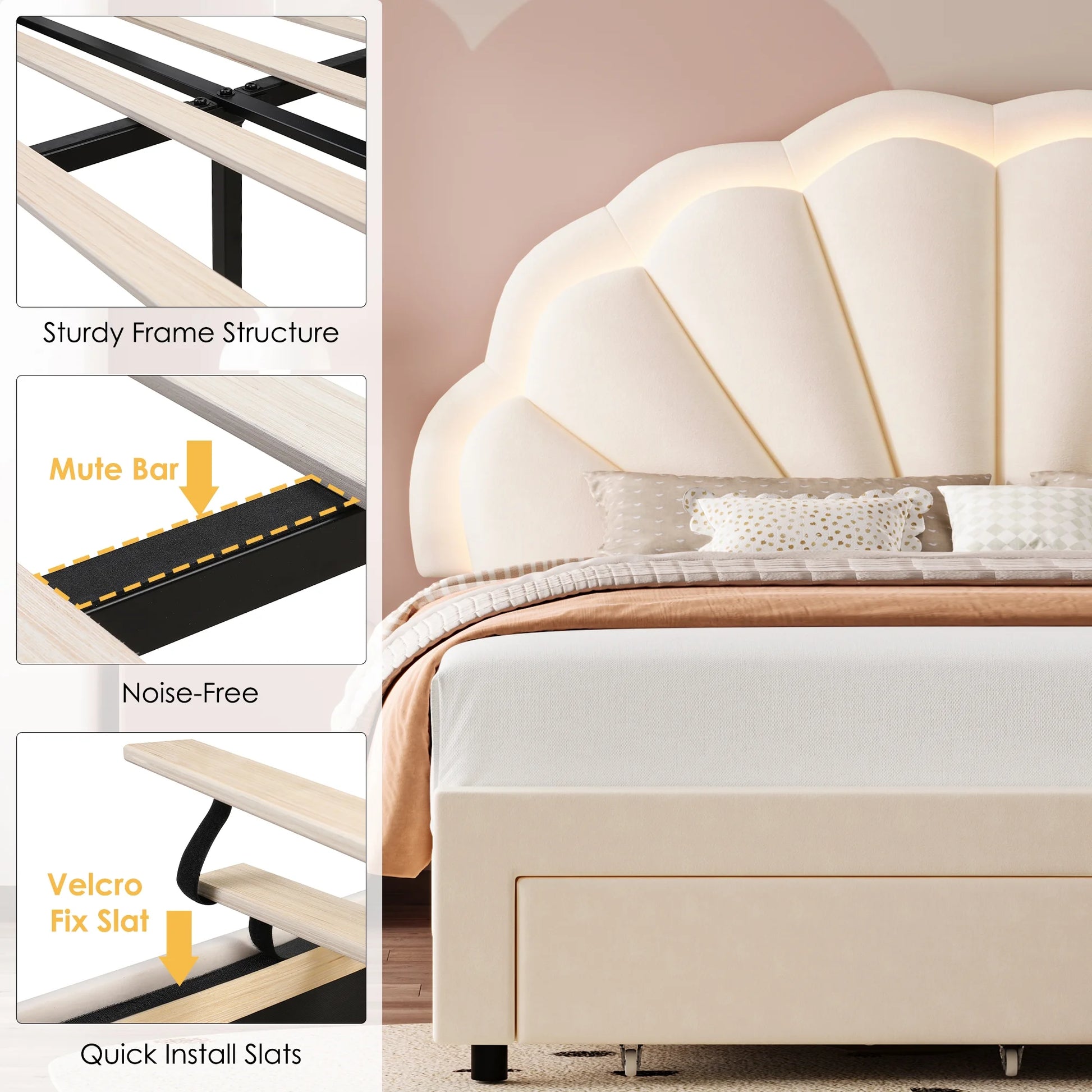 Modern Queen Bed Frame with 2 Drawers, LED Lights Platform Bed Frame with Upholstered Tufted Adjustable Headboard, Beige