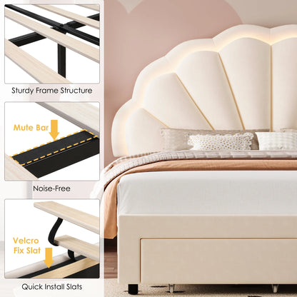 Modern Queen Bed Frame with 2 Drawers, LED Lights Platform Bed Frame with Upholstered Tufted Adjustable Headboard, Beige