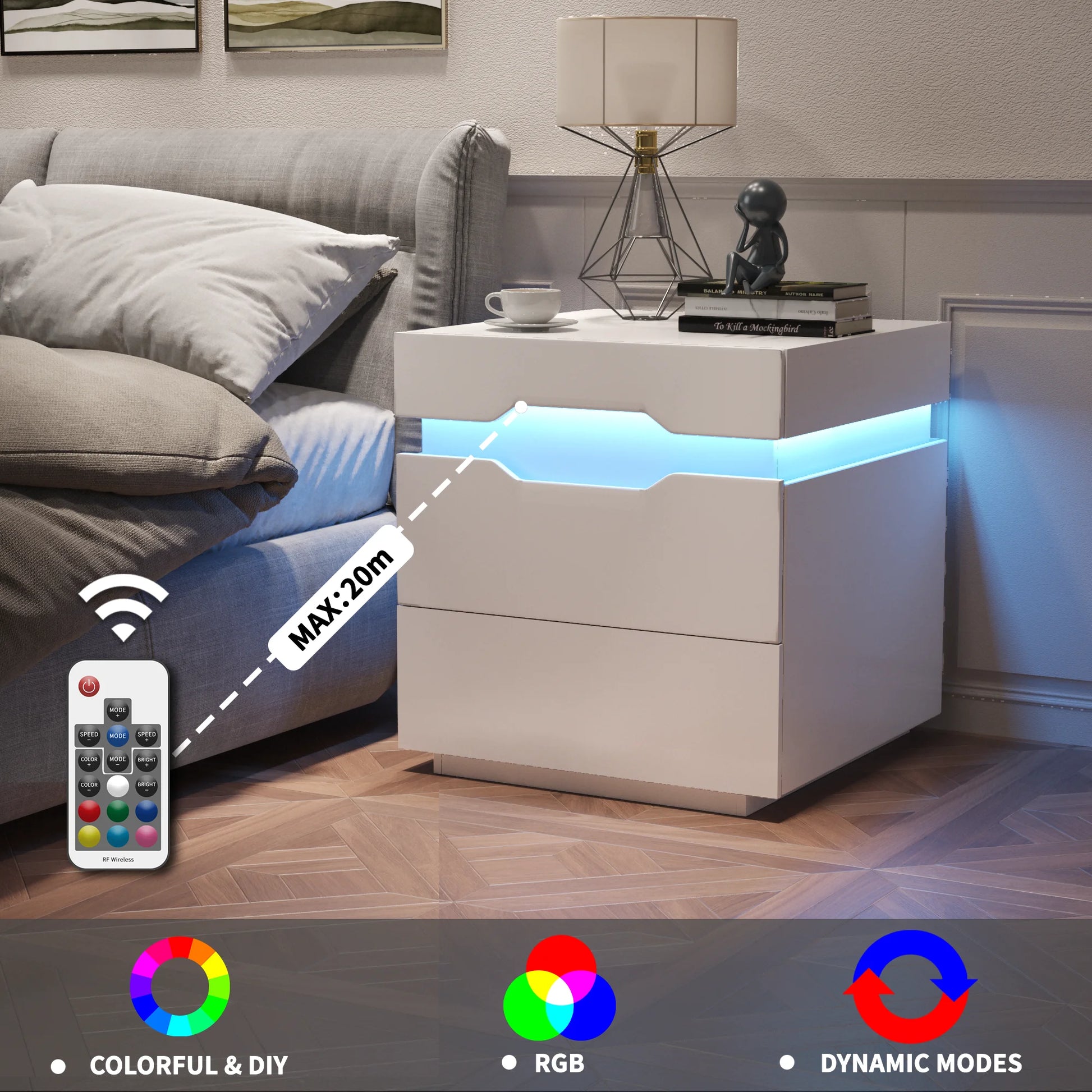 LED Nightstand 2 Drawers Bedside End Tale with Remote and Charging Ports, White