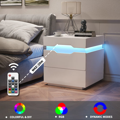 LED Nightstand 2 Drawers Bedside End Tale with Remote and Charging Ports, White