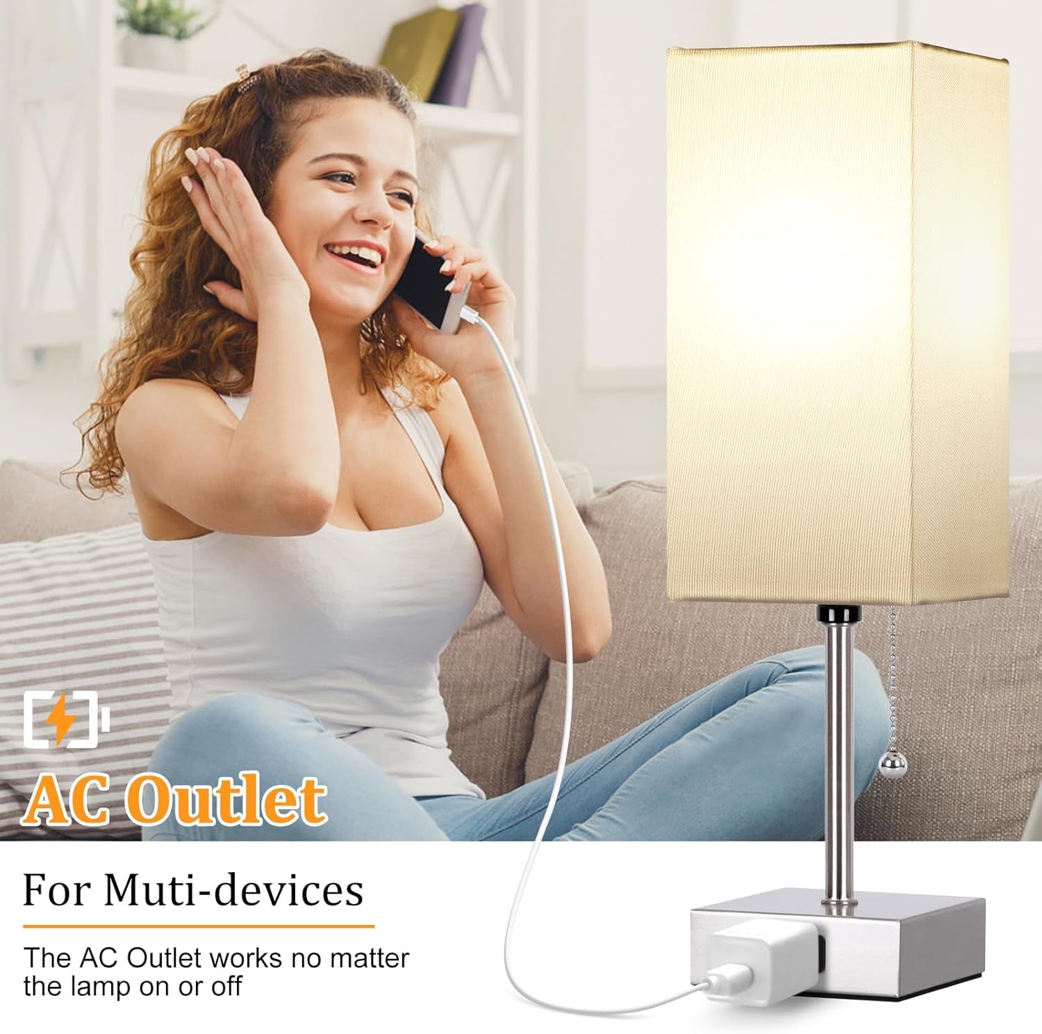 Touch Control Bedside Lamp, 3 Way Dimmable Nightstand Lamp with 2 USB Ports & AC Outlet, Modern Style, White Fabric Shade