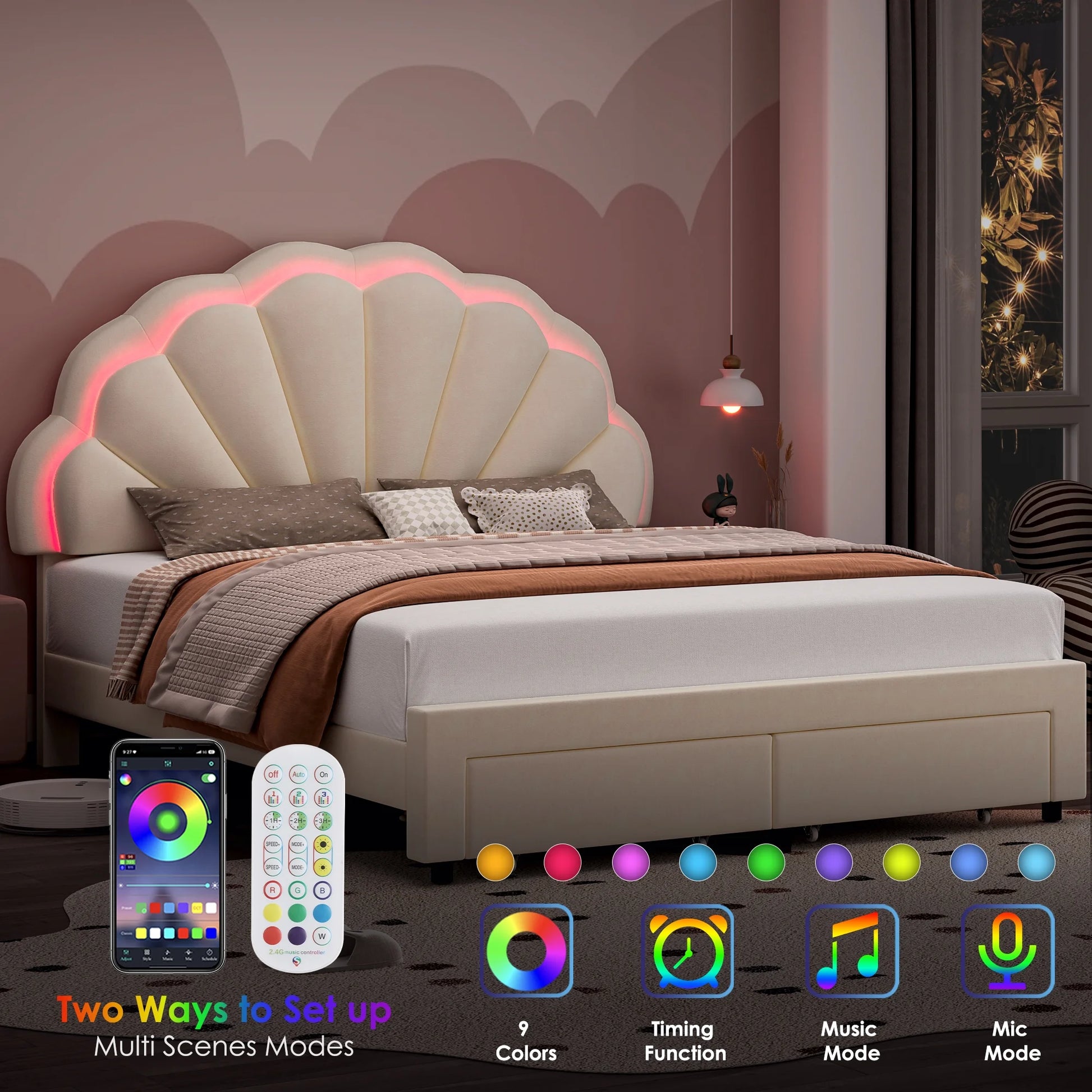 Modern Queen Bed Frame with 2 Drawers, LED Lights Platform Bed Frame with Upholstered Tufted Adjustable Headboard, Beige