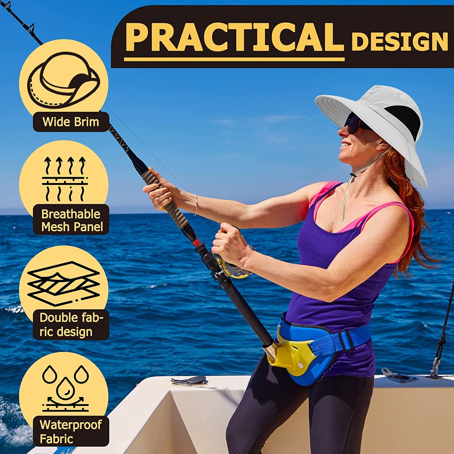 Womens Sun Hat UV Protection, Foldable Mesh Waterproof Wide Brim Bucket Hats for Summer Beach Fishing Hiking