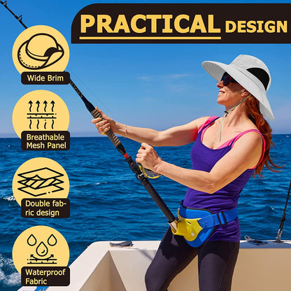 Womens Sun Hat UV Protection, Foldable Mesh Waterproof Wide Brim Bucket Hats for Summer Beach Fishing Hiking