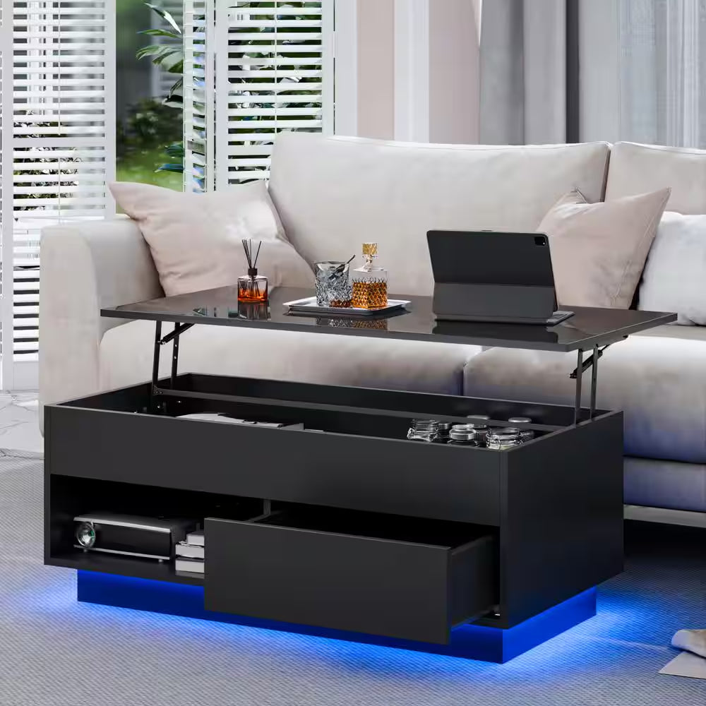 40.16 In. Black Rectangle Particle Board Lift Top Coffee Table with RGB LED Light and Hidden Compartment