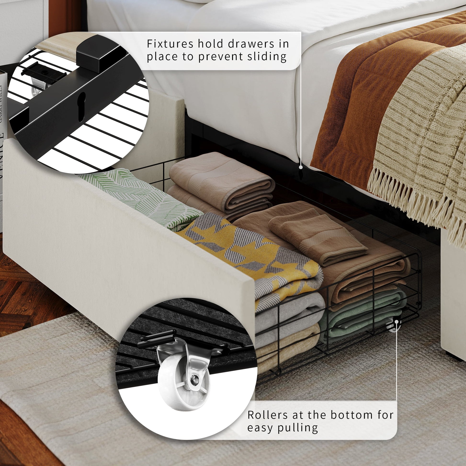 Queen LED Bed with 4 Drawers, LED Lights Platform Storage Bed Frame with Upholstered Adjustable Button Tufted Headboard, Velvet Beige
