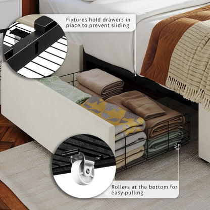 Queen LED Bed with 4 Drawers, LED Lights Platform Storage Bed Frame with Upholstered Adjustable Button Tufted Headboard, Velvet Beige