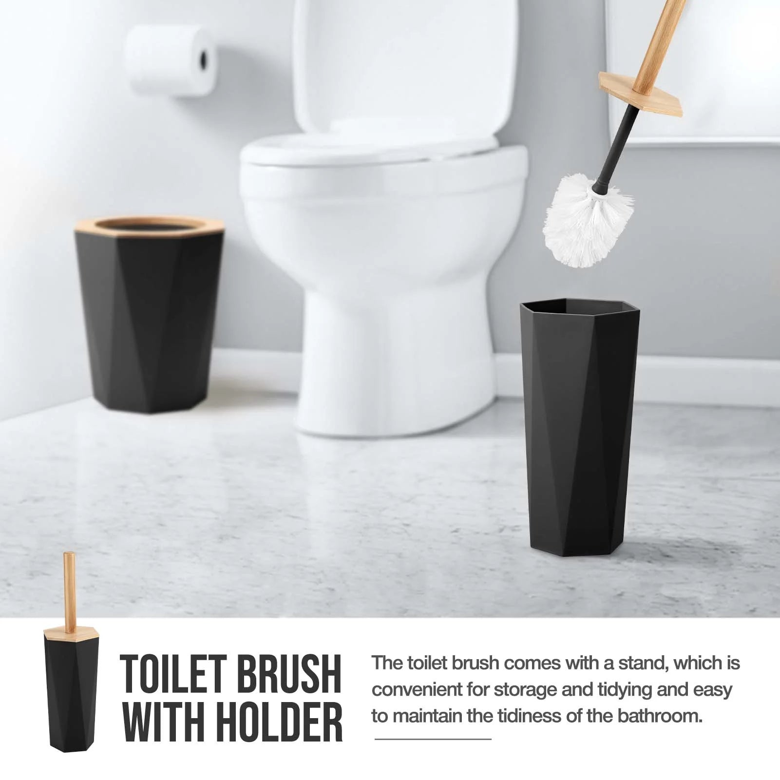 8Pcs Black Bathroom Accessories Set, Bamboo & Plastic, Ideal for Small Spaces