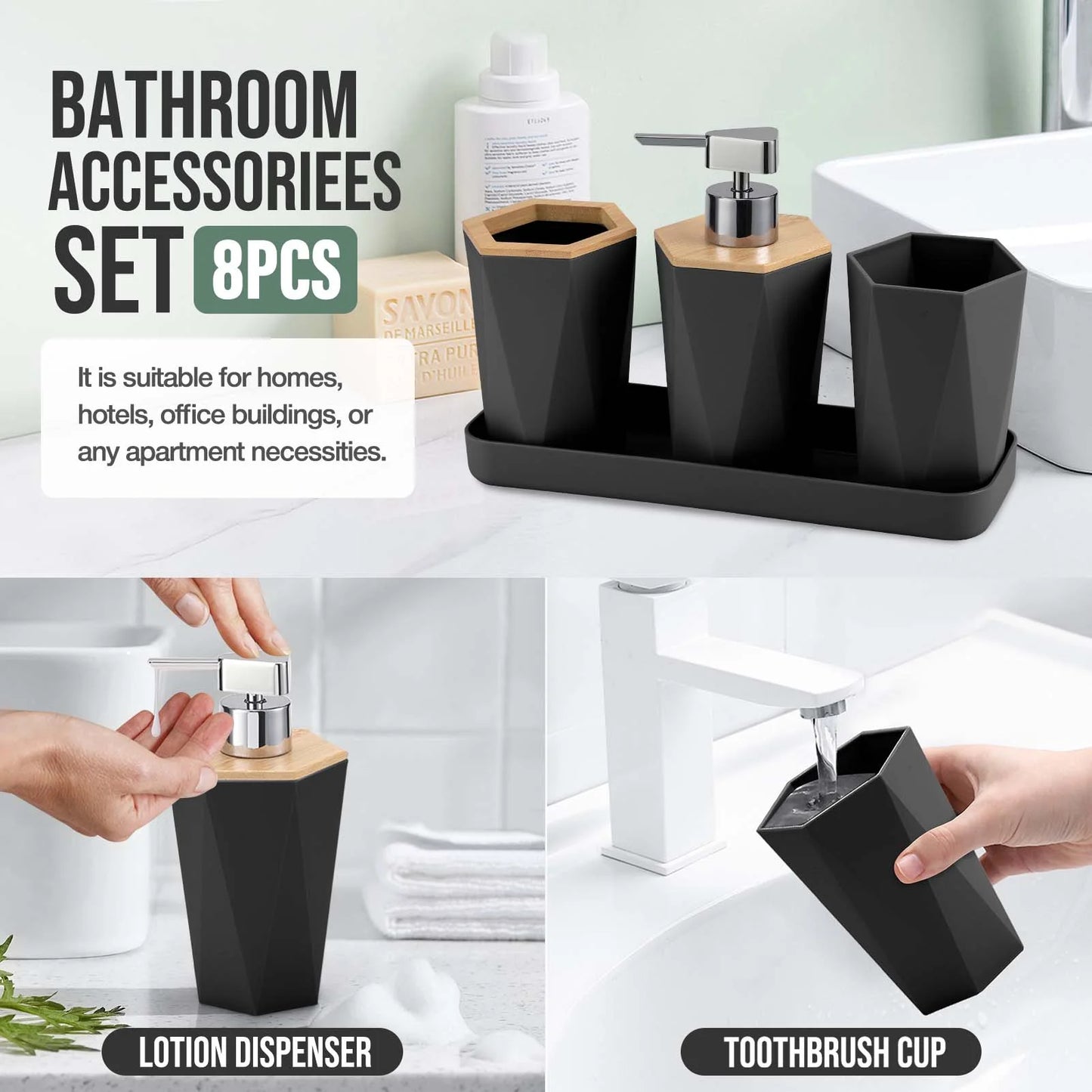 8Pcs Black Bathroom Accessories Set, Bamboo & Plastic, Ideal for Small Spaces