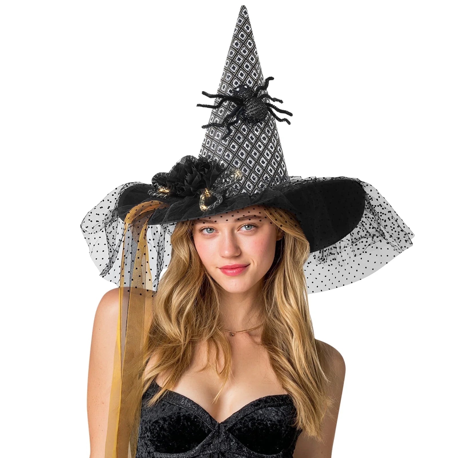 Halloween Witch Hats for Women with Lamp Cosplay Party Halloween Costume Accessory Black