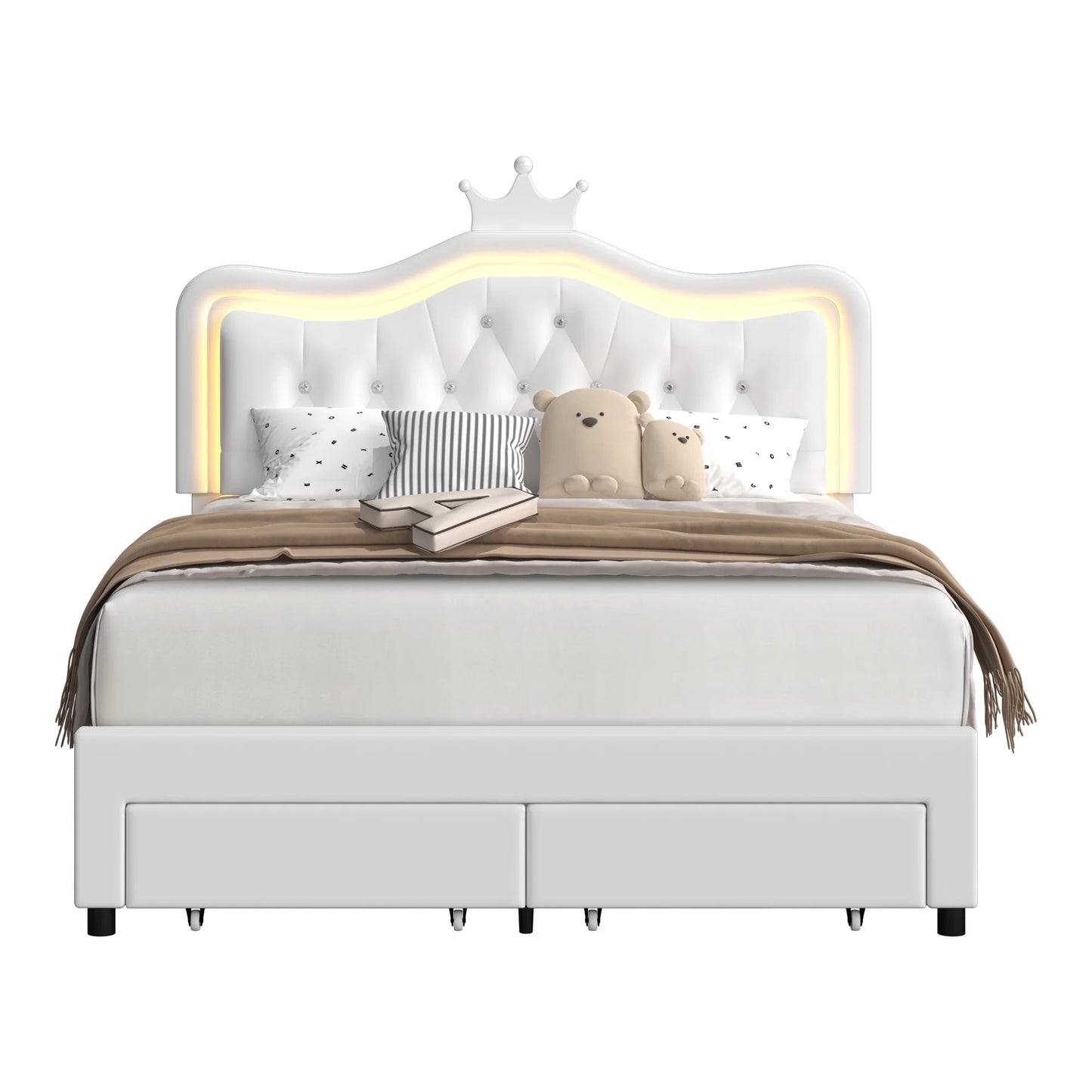 Queen Size Upholstered LED Bed with Adjustable Crystal Button Tufted Crown Headboard, Soft PU Storage Platform Bed with 2 Drawers, White
