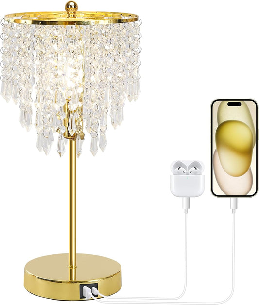 Touch Control Crystal Table Lamp with USB C+A Ports, 3-Way Dimmable Gold Lamp, Bedside Light with Crystal Shade, Girls Lamp for Bedroom, Living Room, Teens Room, Dresser, 6W LED Bulb Included