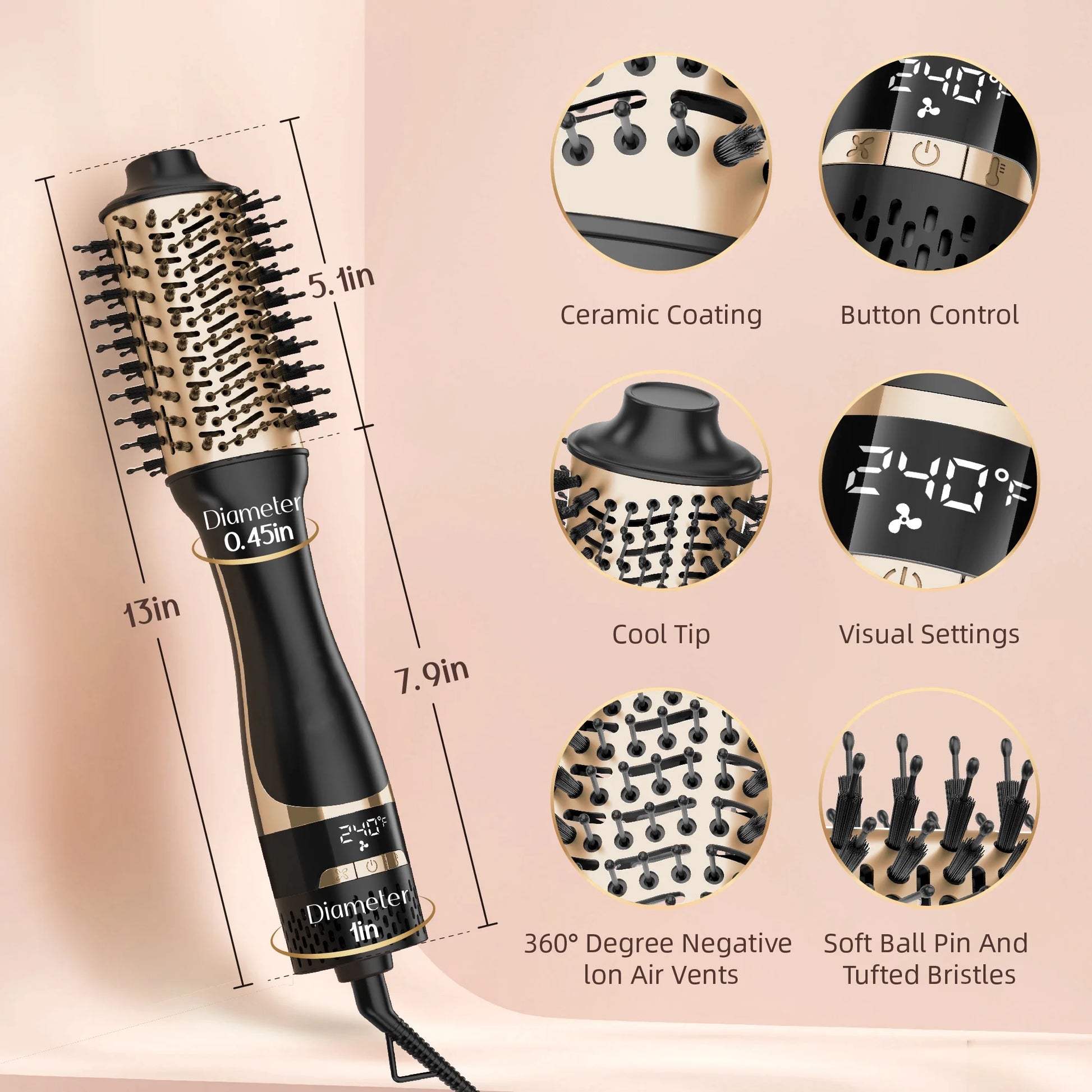 Hair Dryer Brush, Hot Air Brush Digital Display, Blowout Brush Ceramic Barrel, Heated Brush