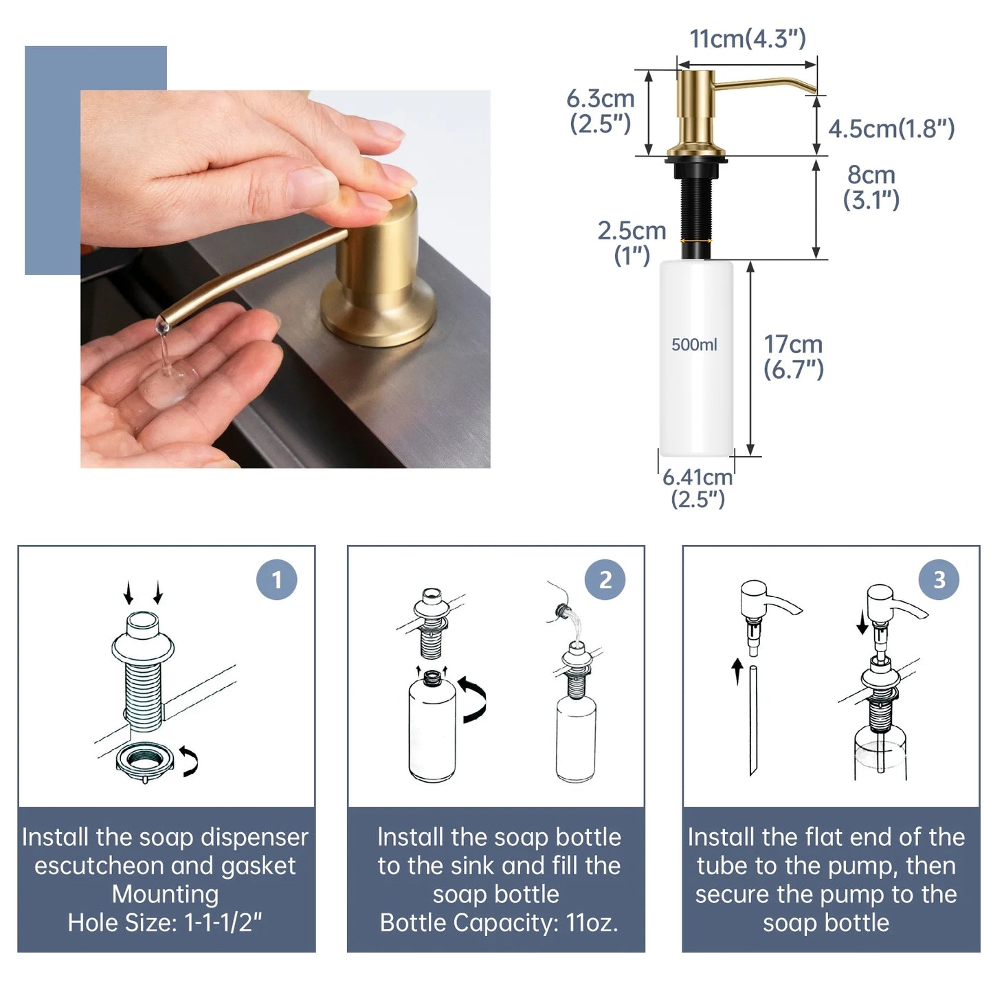 Brushed Gold 2 Hole Kitchen Faucet with Pull down 3 Modes Sprayer, Champagne Gold Kitchen Sink Faucet, High Arch Faucet Kitchen for 1 or 2 Hole Sink, Gold Kitchen Faucet with Soap Dispenser