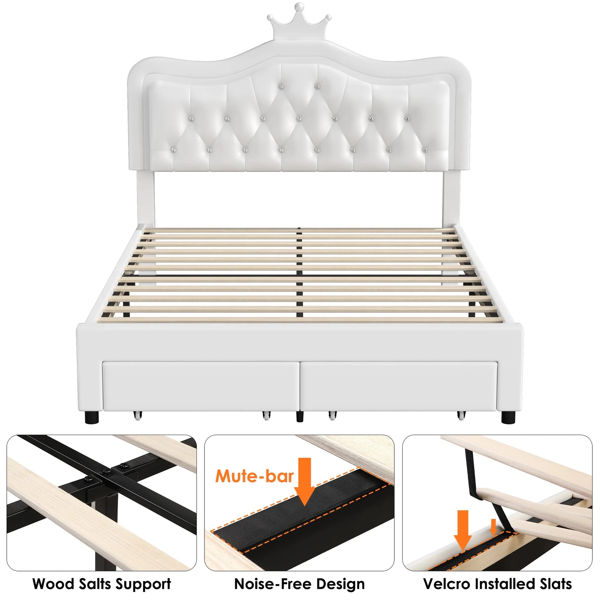 Queen Size Upholstered LED Bed with Adjustable Crystal Button Tufted Crown Headboard, Soft PU Storage Platform Bed with 2 Drawers, White