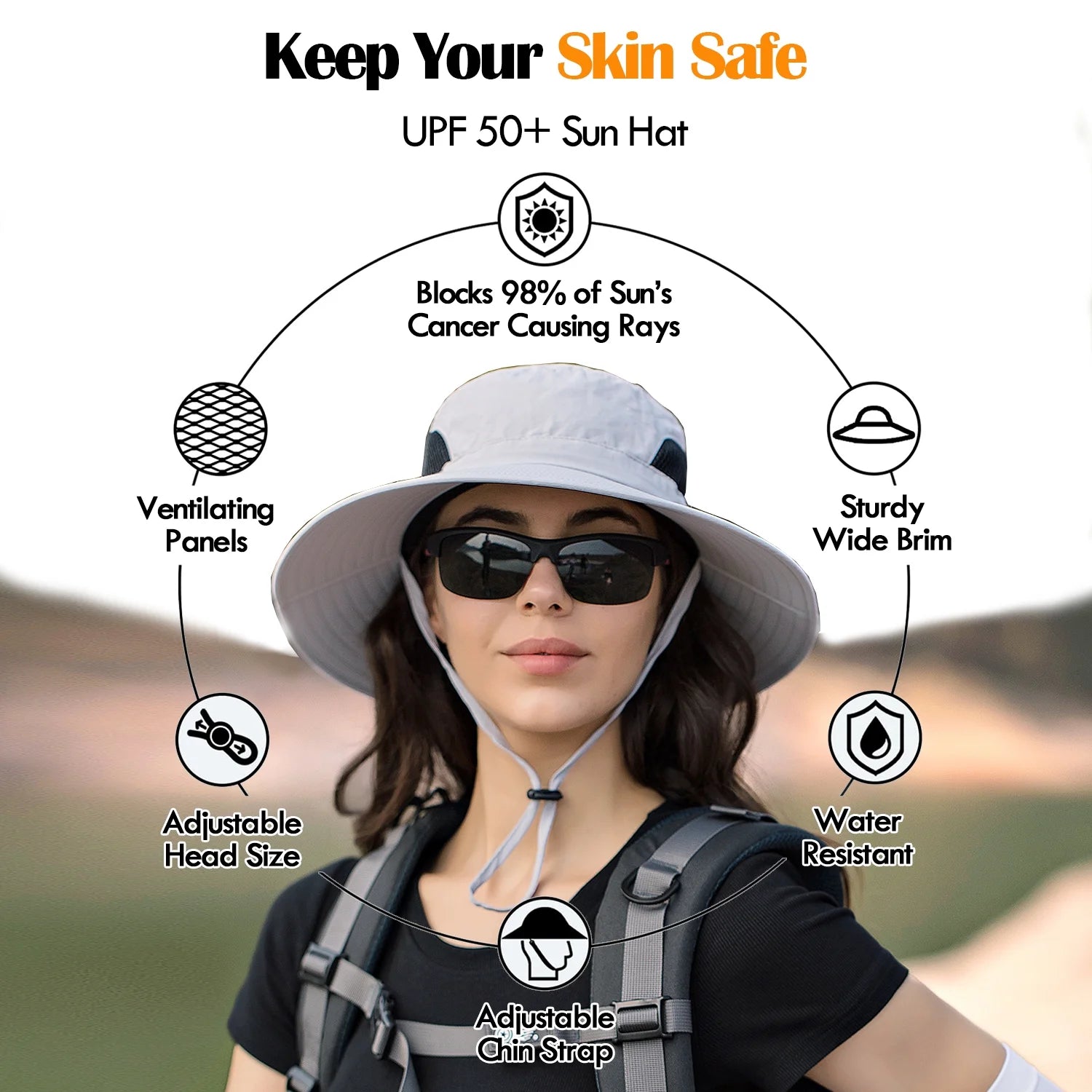 Waterproof Sun UPF 50+ Bucket Hat for Men Women,  UV Protection Packable Brimmed Boonie for Fishing Hiking Outdoor Cap - Black