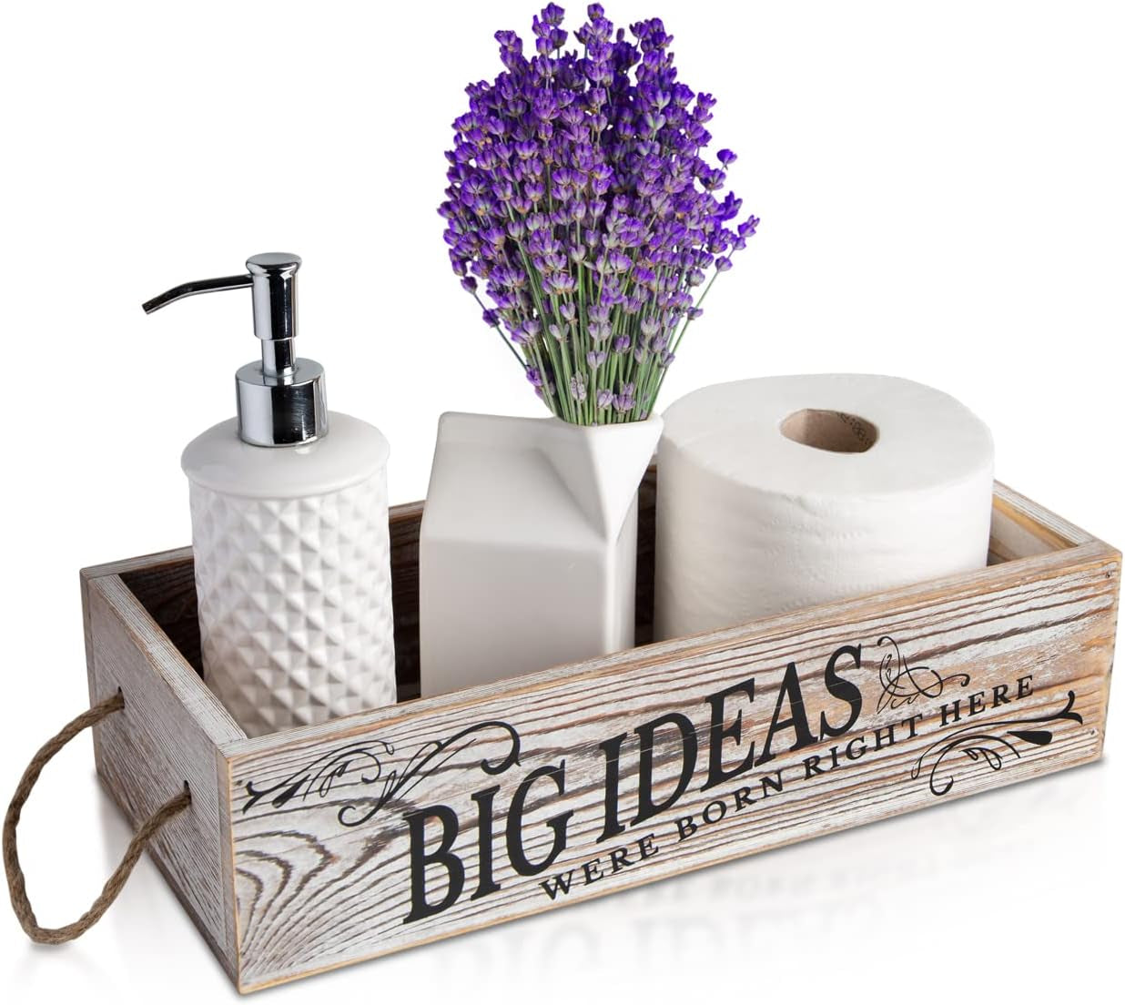 Bathroom Decor Box, 2 Sides with Funny Sayings -Perfect for Farmhouse Bathroom Decor, Rustic Bathroom Decor, Funny Toilet Paper Holder - Rustic White