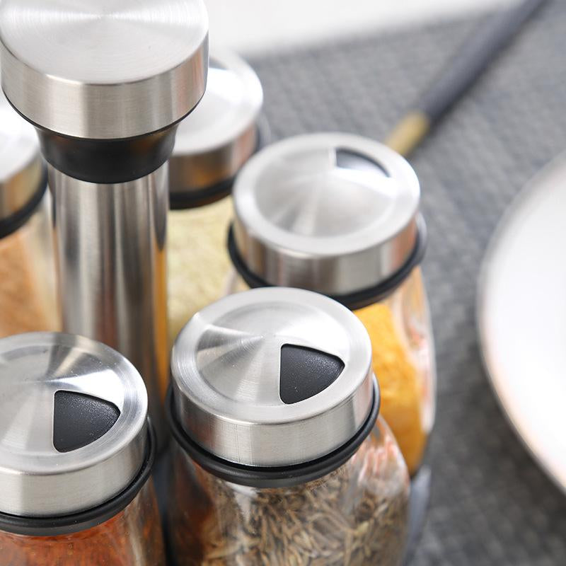 Double Layer Rotating Spice Rack360°Spice Rack Organizer Revolving Spice Rack,- Rotating Holder with 12 Glass Bottles Kitchen Seasoning Organizer Storage Canister Plastic Stainless