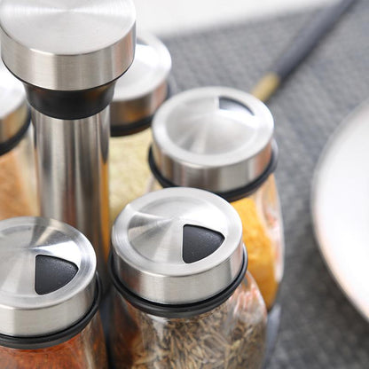 Double Layer Rotating Spice Rack360°Spice Rack Organizer Revolving Spice Rack,- Rotating Holder with 12 Glass Bottles Kitchen Seasoning Organizer Storage Canister Plastic Stainless