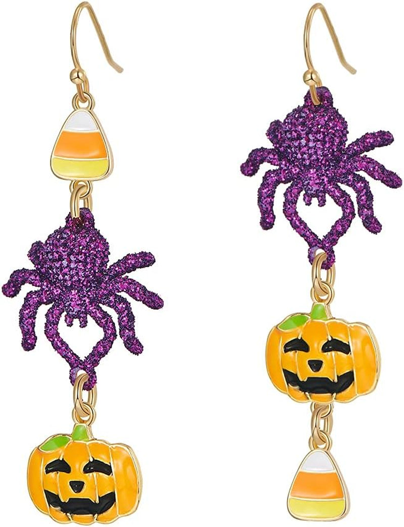 Halloween Earrings for Women Pumpkin Ghost Witch Bat Spider Skull Dangle Earrings Purple Orange Black Earrings