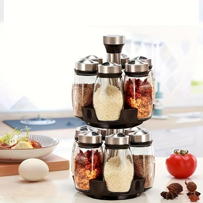 Double Layer Rotating Spice Rack360°Spice Rack Organizer Revolving Spice Rack,- Rotating Holder with 12 Glass Bottles Kitchen Seasoning Organizer Storage Canister Plastic Stainless