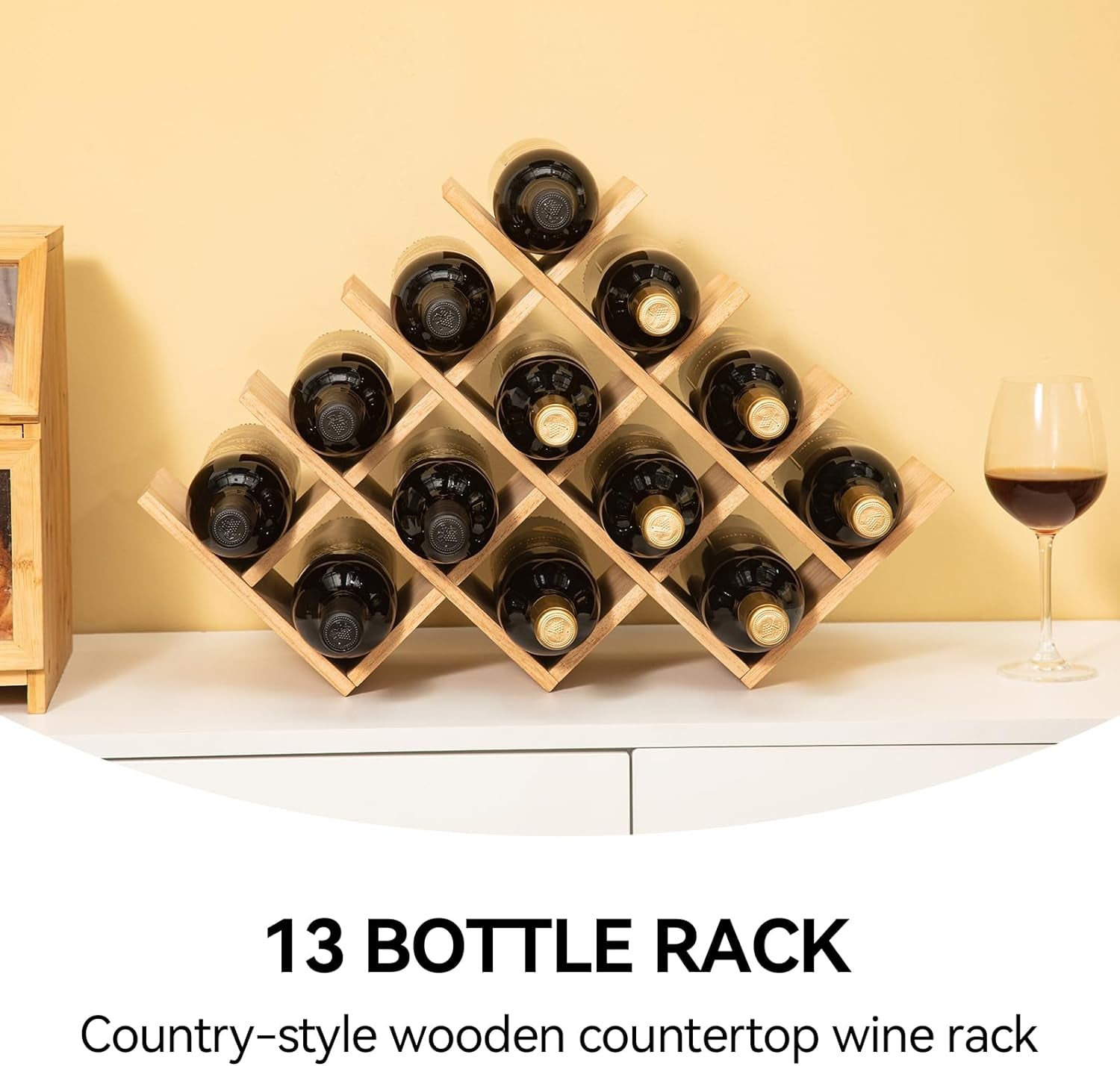 Wooden 13-Bottle Wine Rack - Nature Wood 4-Tier Wine Display Rack/Free Standing and Countertop Storage Shelf - Bottle Holder/Cabinet Glass XHJJ4-NA